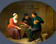 Hendrick Sorgh - A Woman playing Cards with Two Peasants